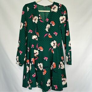 Express Green Polka Dot Long Sleeve‎ Dress with Floral Pattern
